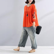 boutique natural linen t shirt Loose fitting Embroidered Women Loose Linen Casual Lacing Folded Orange Shirt