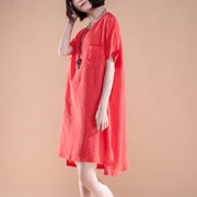 brief linen dress casual High-low Hem Summer Short Sleeve Pockets slit Red Dress