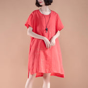 brief linen dress casual High-low Hem Summer Short Sleeve Pockets slit Red Dress