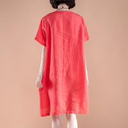 brief linen dress casual High-low Hem Summer Short Sleeve Pockets slit Red Dress