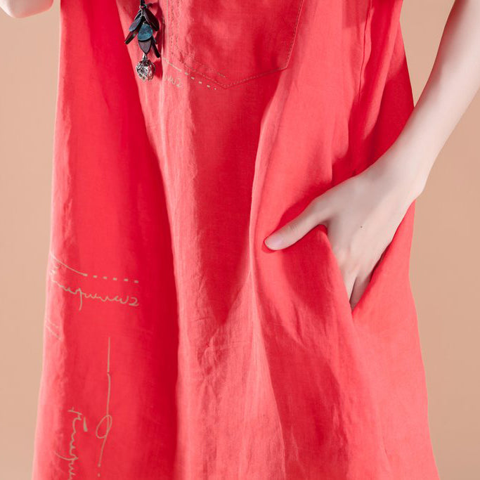 brief linen dress casual High-low Hem Summer Short Sleeve Pockets slit Red Dress