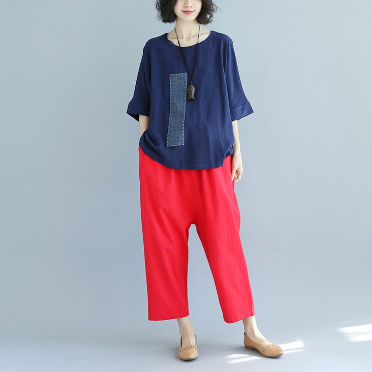 brief linen tops trendy plus size Loose Bat Sleeve Round Neck Splicing Linen Shirt