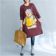 burgundy fashion cotton traveling dress oversize o neck cartoon print maternity dress