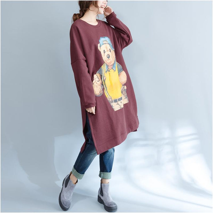 burgundy fashion cotton traveling dress oversize o neck cartoon print maternity dress