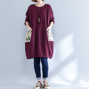 burgundy pockets prints cotton casual dress plus size o neck baggy dress