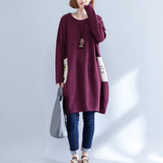 burgundy pockets prints cotton casual dress plus size o neck baggy dress