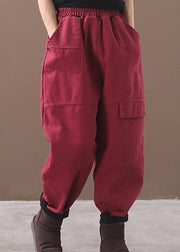 burgundy women elastic waist cotton trousers plus size false pockets harem pants - SooLinen