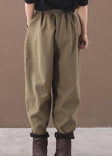 burgundy women elastic waist cotton trousers plus size false pockets harem pants - SooLinen