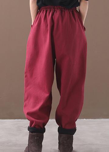 burgundy women elastic waist cotton trousers plus size false pockets harem pants - SooLinen