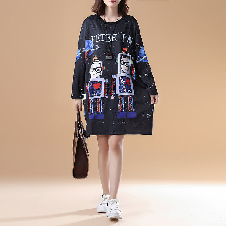 cartoon print 2024 fall black cotton casual dresses plus size long sleeve fashion shift dress