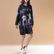 cartoon print 2024 fall black cotton casual dresses plus size long sleeve fashion shift dress