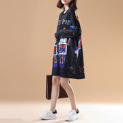 cartoon print 2024 fall black cotton casual dresses plus size long sleeve fashion shift dress