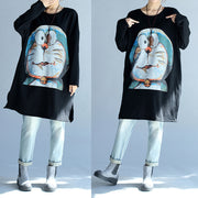 cartoon print black cotton mid long t shirt plus size o neck tops