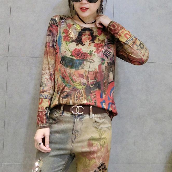 cartoon print women new cotton t shirt oversize wild long sleeve tops cozy fall 2024