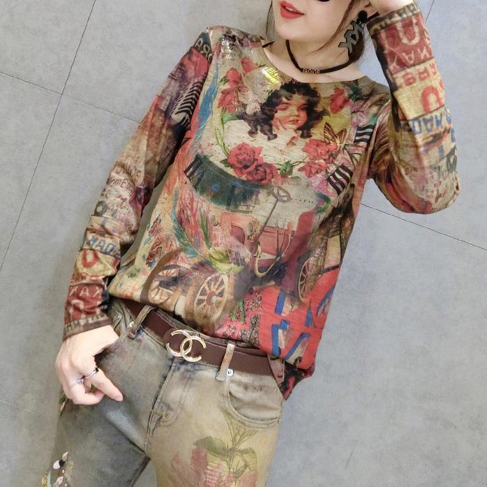 cartoon print women new cotton t shirt oversize wild long sleeve tops cozy fall 2024