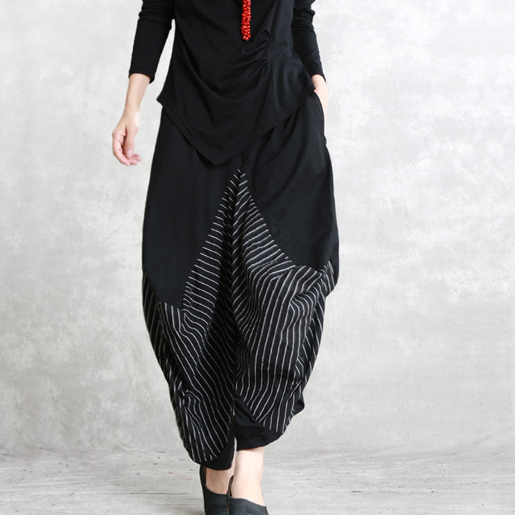 casual black striped cotton blended wide leg pants elastic waist stylish casual pants