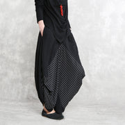 casual black striped cotton blended wide leg pants elastic waist stylish casual pants