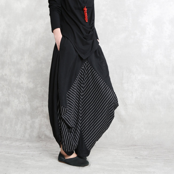 casual black striped cotton blended wide leg pants elastic waist stylish casual pants