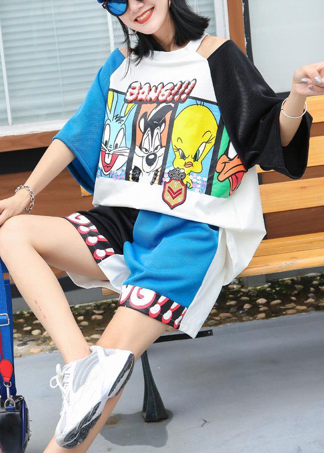 casual cartoon print design short-sleeved t-shirt women and shorts - SooLinen