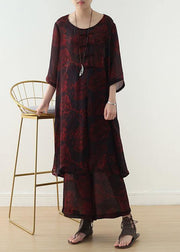 casual silk green prints Chinese Button dresses with elastic waist wide leg pants - SooLinen