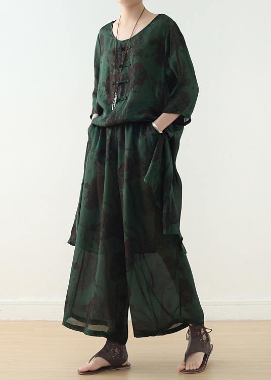 casual silk green prints Chinese Button dresses with elastic waist wide leg pants - SooLinen