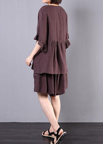 chocolate cotton linen v neck ruffles tops and women casual shorts two pieces - SooLinen