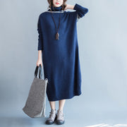 chunky dark blue knit dresses Loose fitting patchwork spring dresses high neck  pullover