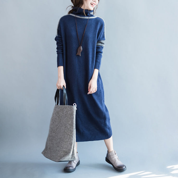 chunky dark blue knit dresses Loose fitting patchwork spring dresses high neck  pullover