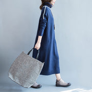 chunky dark blue knit dresses Loose fitting patchwork spring dresses high neck  pullover