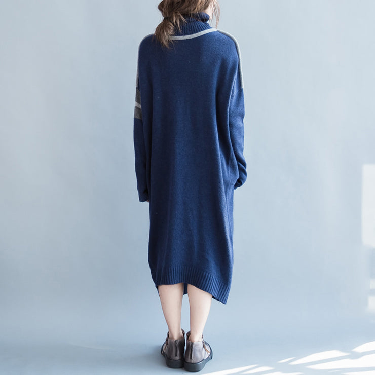 chunky dark blue knit dresses Loose fitting patchwork spring dresses high neck  pullover