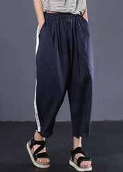 dark blue casual cotton elastic waist white striped patchwork pants - SooLinen