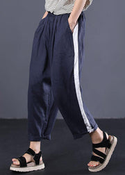 dark blue casual cotton elastic waist white striped patchwork pants - SooLinen