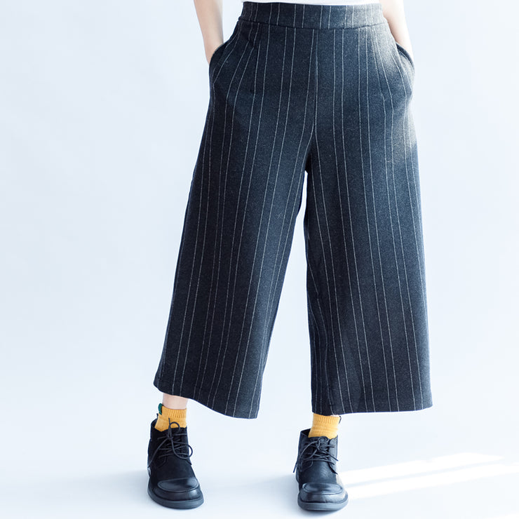 dark gray casual woolen cotton pants fashion striped wide leg pants