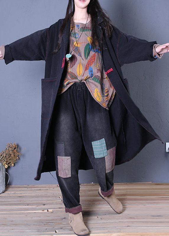 denim black coats trendy plus size fall maxi outwear - SooLinen