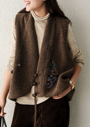 diy Chocolate Embroideried asymmetrical design Faux Fur Vest Sleeveless