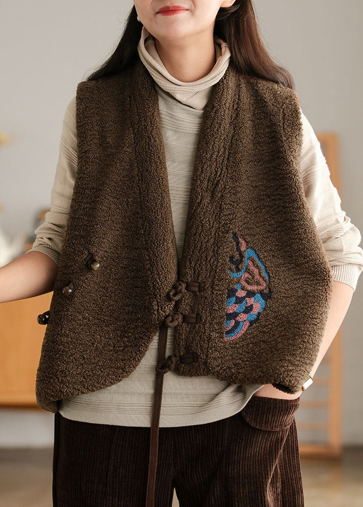 diy Chocolate Embroideried asymmetrical design Faux Fur Vest Sleeveless