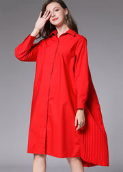 diy Red Asymmetrical Loose Cotton shirts Dresses Spring