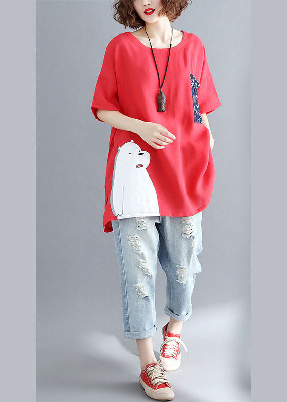 diy Red O-Neck Print Fall Animal Half Sleeve Shirt Top