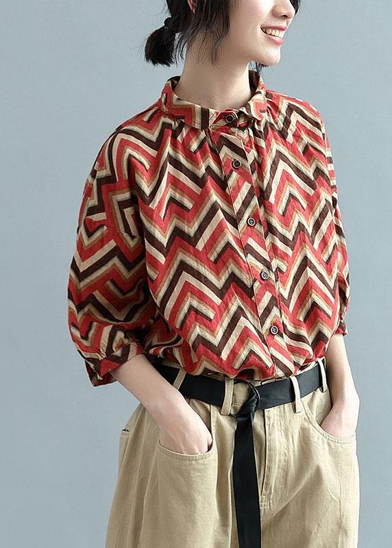 diy Red Print Button Fall Shirt Top Three Quarter Sleeve - SooLinen