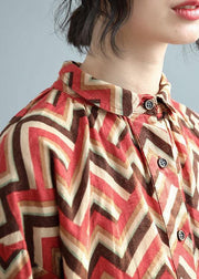 diy Red Print Button Fall Shirt Top Three Quarter Sleeve - SooLinen