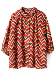 diy Red Print Button Fall Shirt Top Three Quarter Sleeve - SooLinen