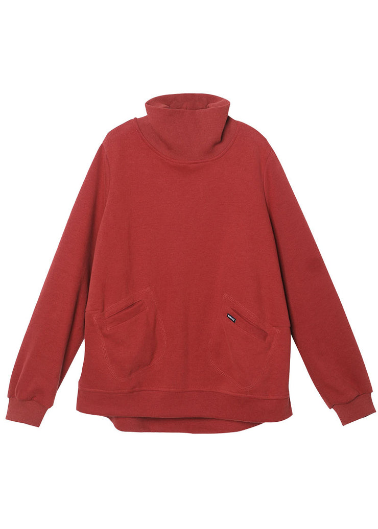 diy Red Turtle Neck Pockets Cotton Sweatshirt Street wear Winter