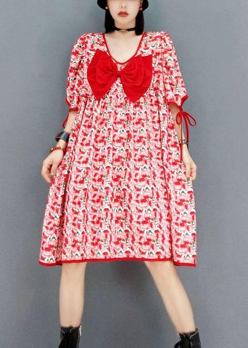 diy Red V Neck Print Half Sleeve Fall Dresses - SooLinen