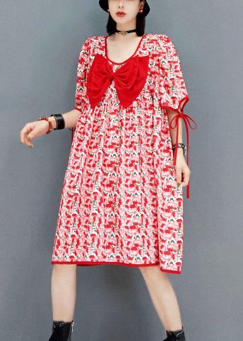 diy Red V Neck Print Half Sleeve Fall Dresses - SooLinen