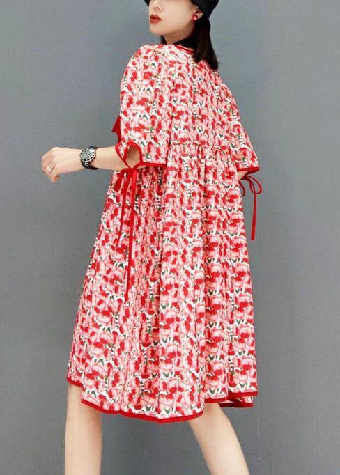 diy Red V Neck Print Half Sleeve Fall Dresses - SooLinen