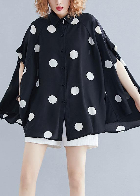 diy black dotted clothes For Women lapel Ruffles top - SooLinen