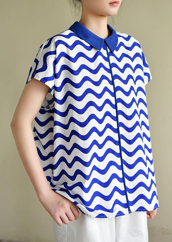 diy blue striped shirts women lapel women blouses - SooLinen