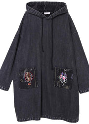 diy denim black embroidery Plus Size casual coats women hooded patchwork jackets - SooLinen