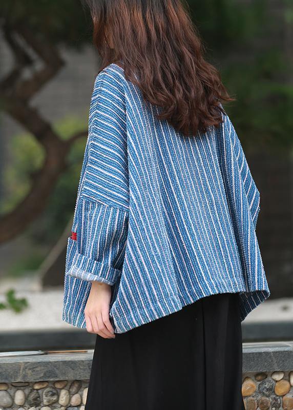 diy denim blue striped clothes For Women Gifts stand collar tops - SooLinen