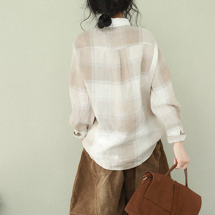 diy khaki Plaid linen clothes stylish Sewing lapel baggy tops